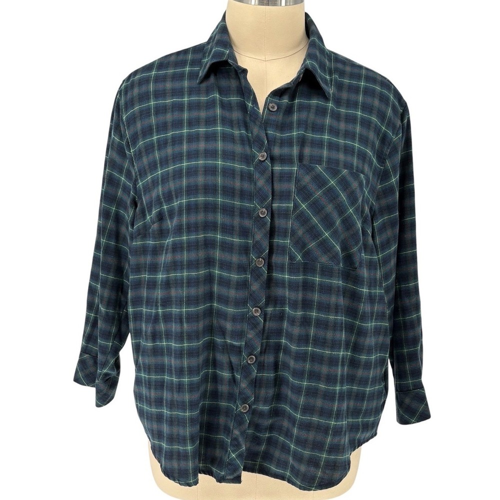 Wild Fable Plaid Button Down Shirt Navy Green Tartan XXL